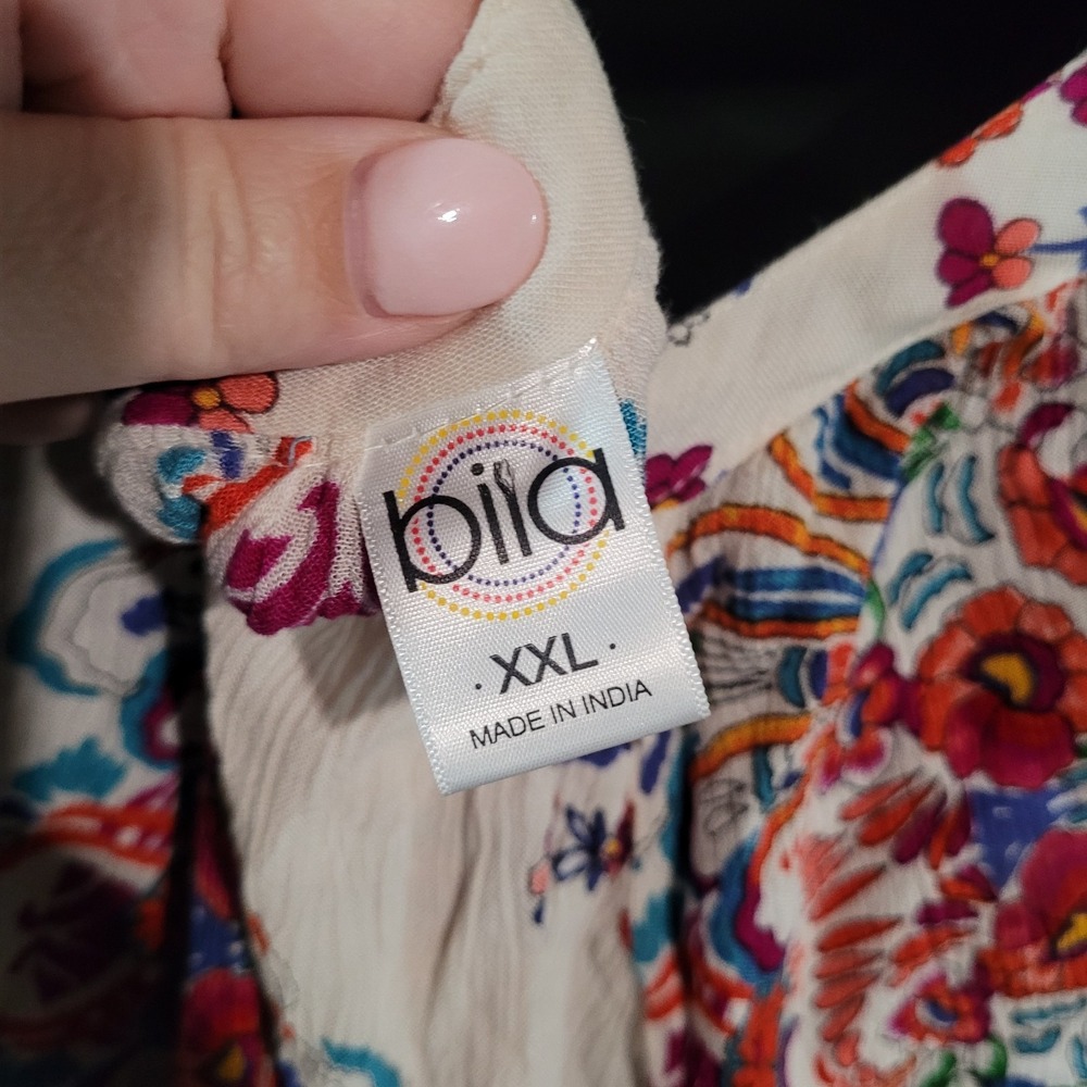 Bila Boho Floral Peasant Blouse XXL 2XL Ivory Multi Deep V-Neck 3/4 Balloon Slv - Picture 8 of 10